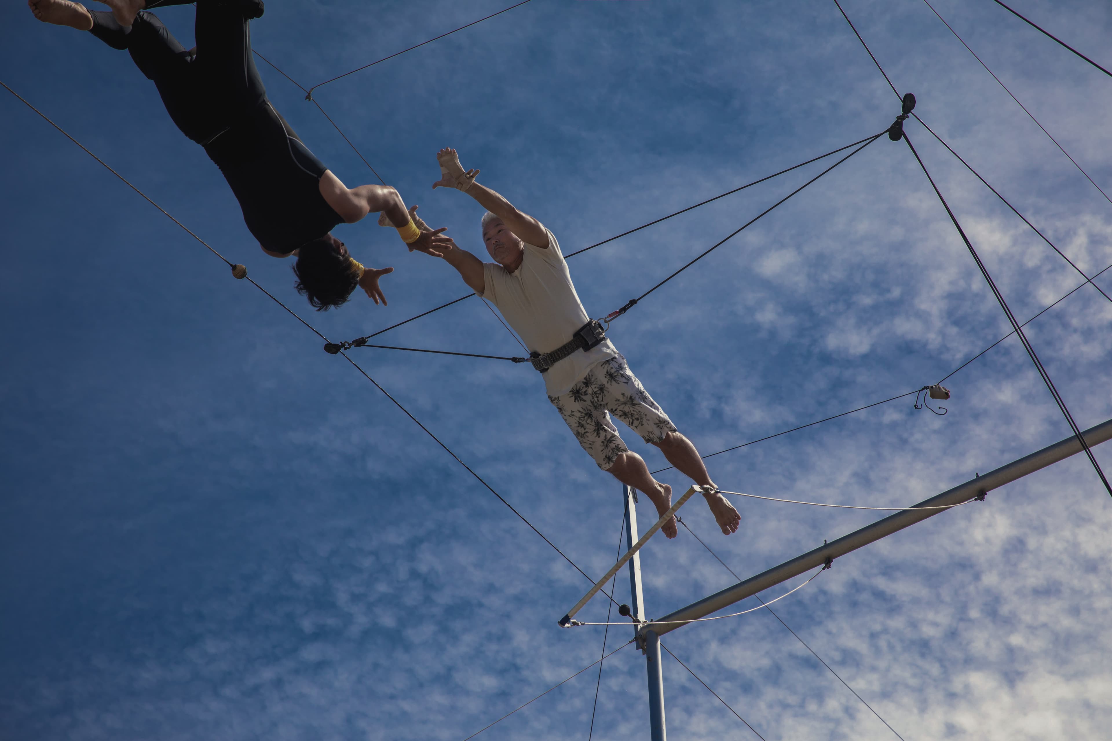 Trapez-Artist der von seinem Kollegen aufgefangen wird.