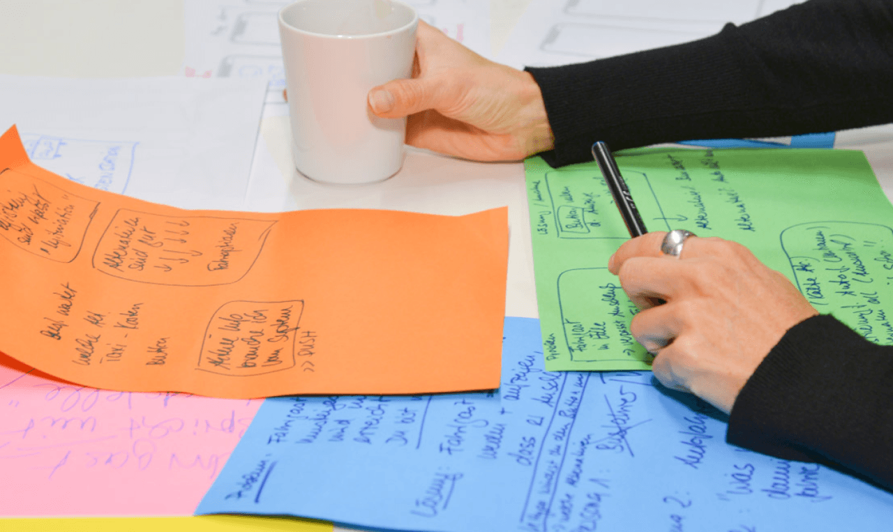 Ein Bild einer Frau die verschiedene farbige Zettel beschreibt